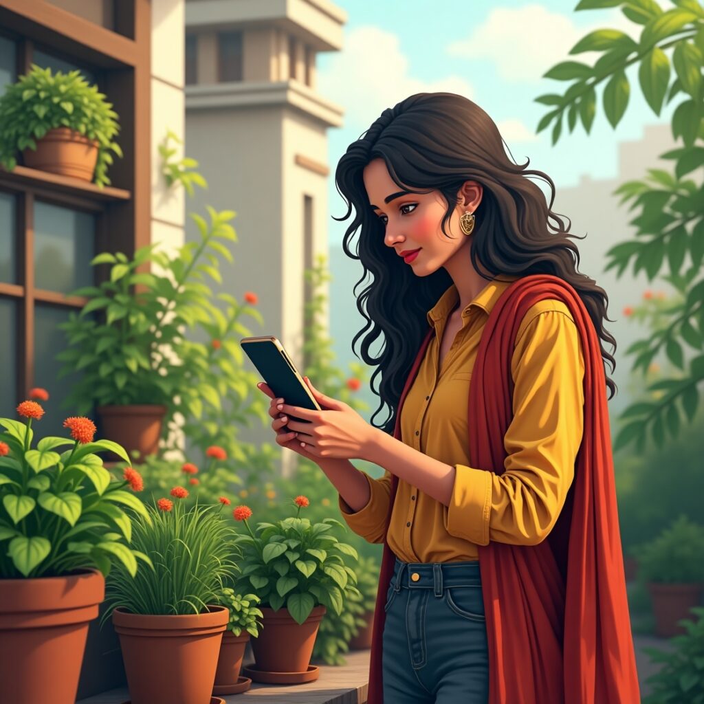 Indian woman using artificial intelligence app for terrace garden plant analysis