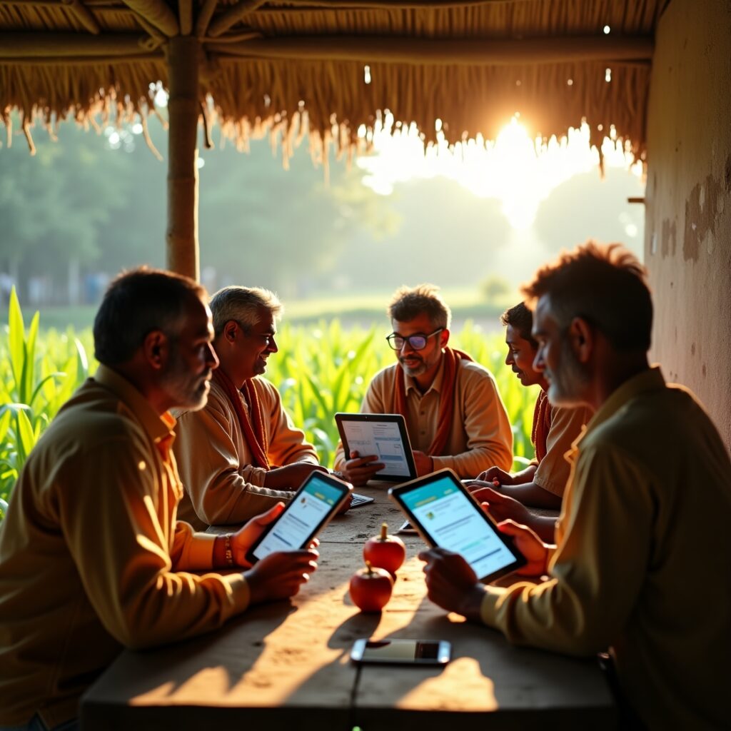 Rural Indian technology center with farmers learning AI crop analysis applications