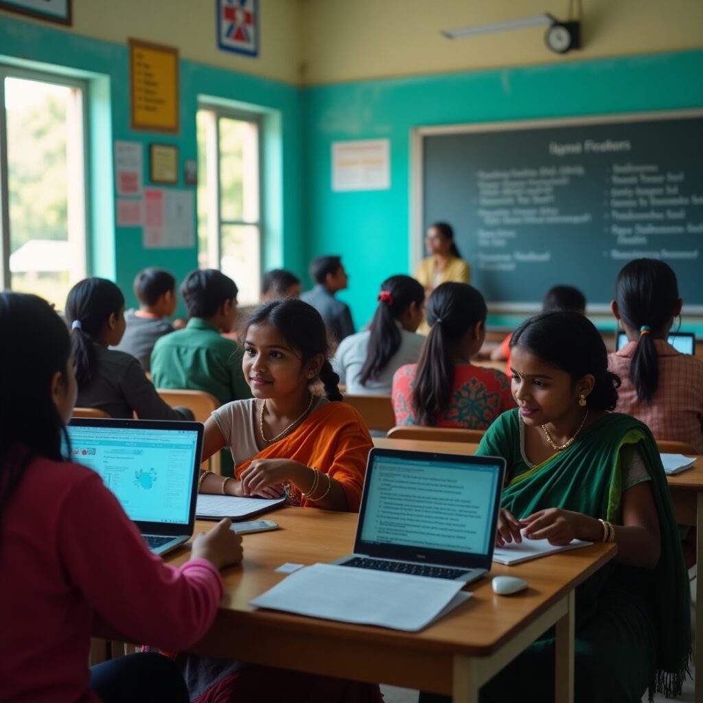Indian students learning artificial intelligence concepts in Tamil language classroom