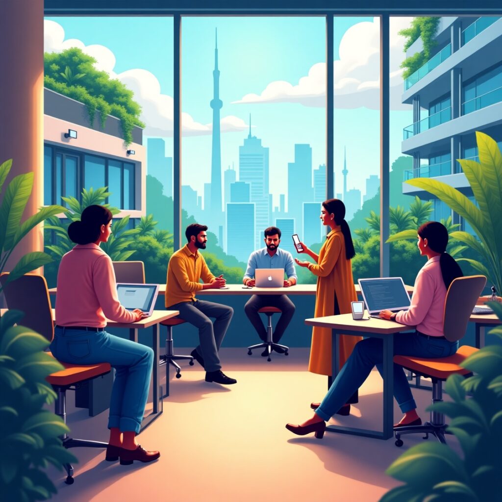 Indian professionals collaborating with AI systems in a Bengaluru tech hub with terrace garden view