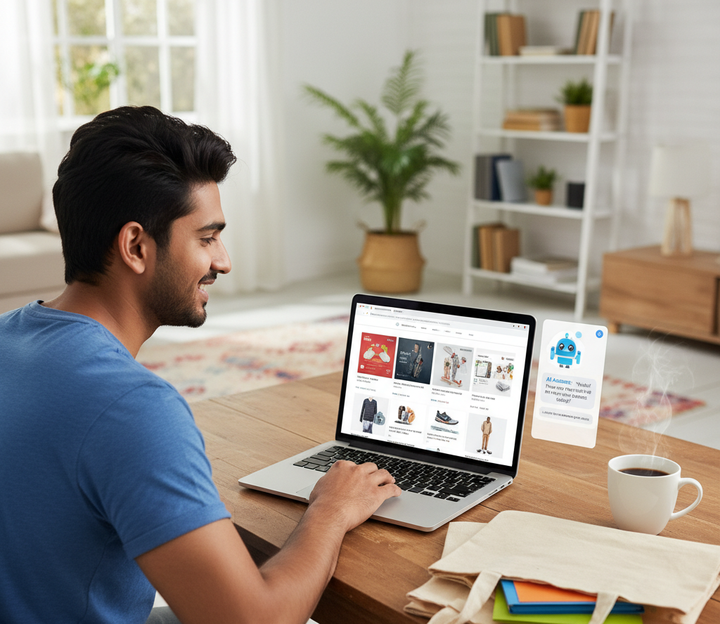 Hero Banner 
Smiling young Indian man using a laptop at home
